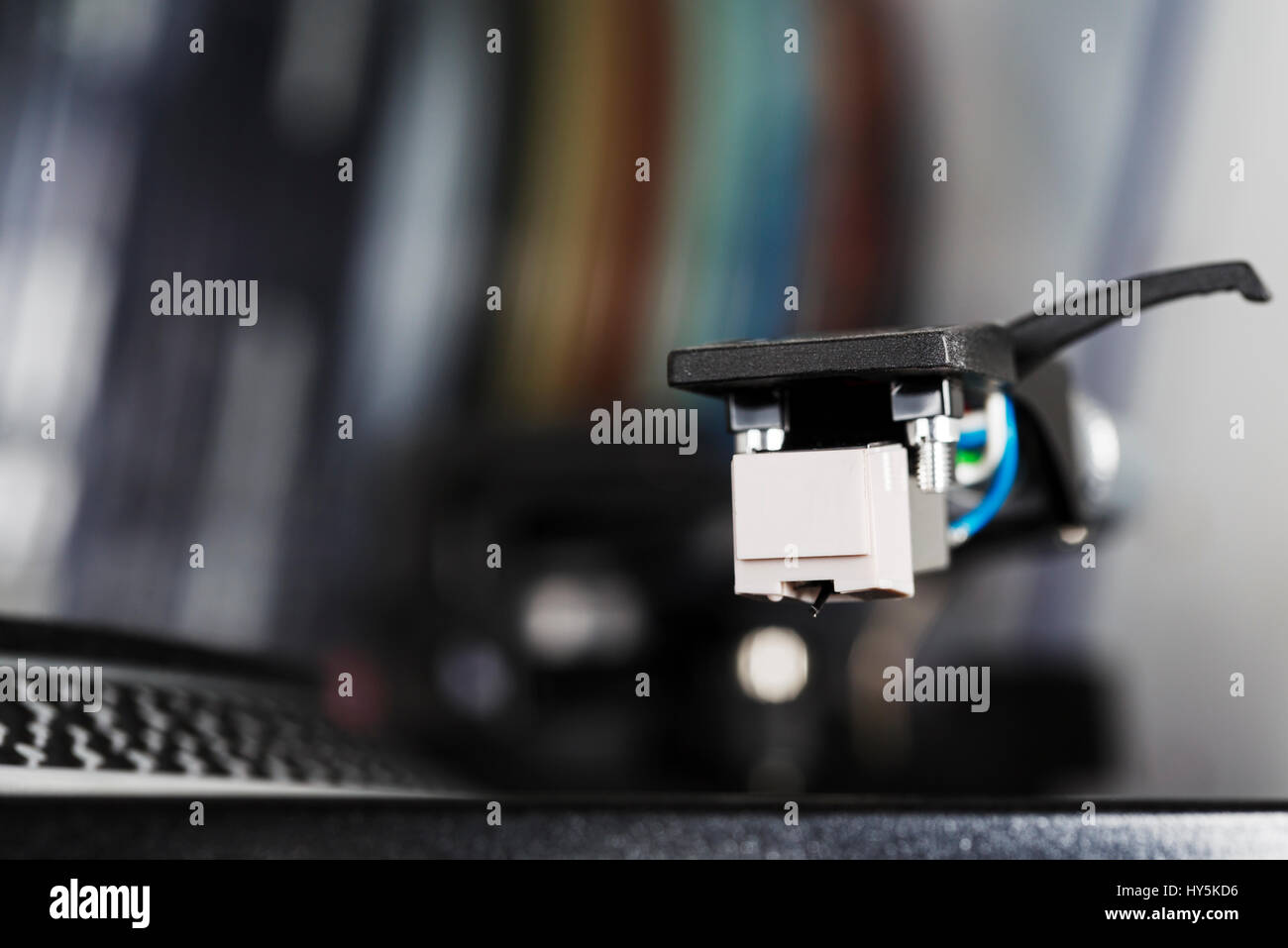 Cartridge of a modern phonograph waits to start playing music Stock Photo