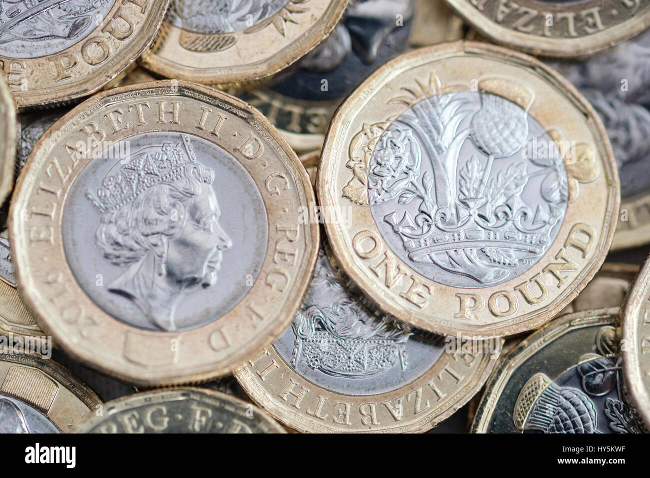 Pile of new 2017 pound coins Stock Photo