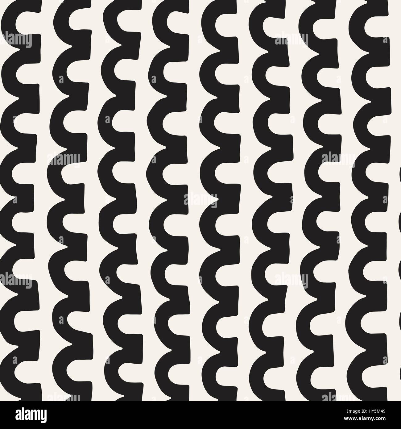 Monochrome minimalistic tribal seamless pattern with arc lines. Vector background with inky black art on white rounded stripe. Stock Vector