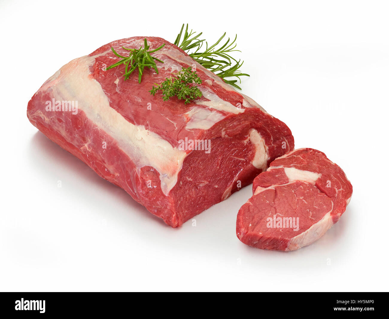 Raw entrecote, beef (Bos primigenius taurus) with rosemary (Rosmarinus