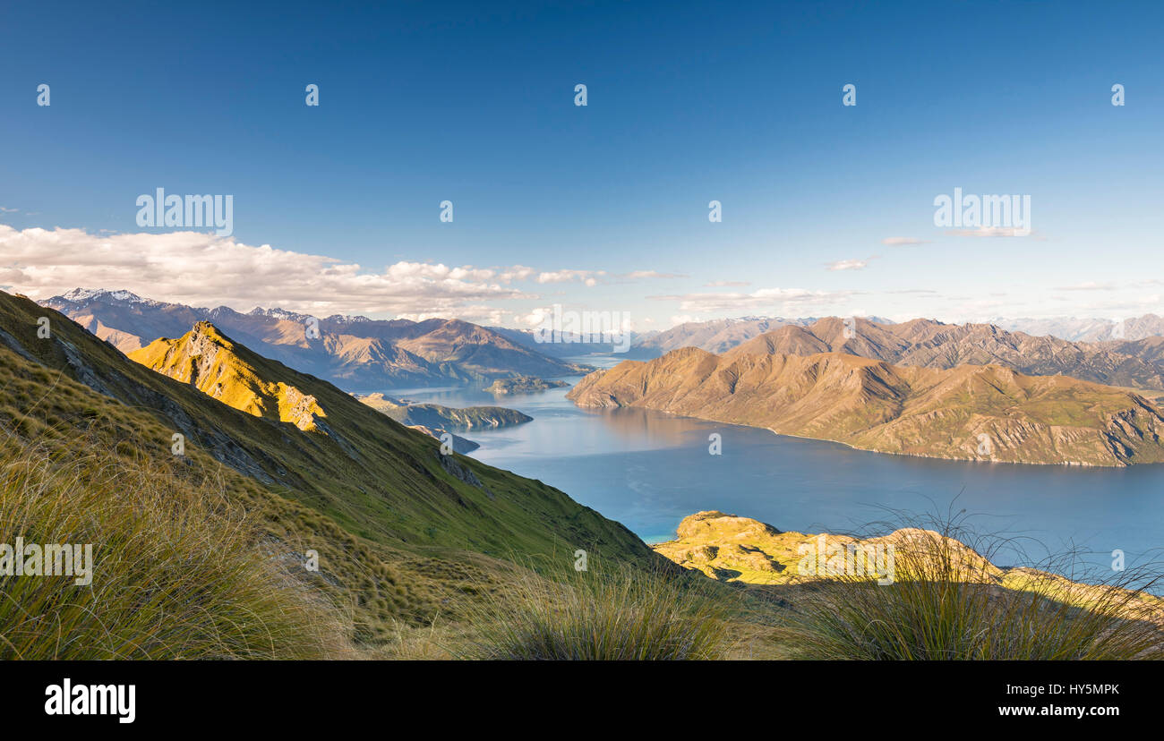 View of Lake Wanaka from Roys Peak Track, at back mountains, Otago, Southland, New Zealand Stock Photo