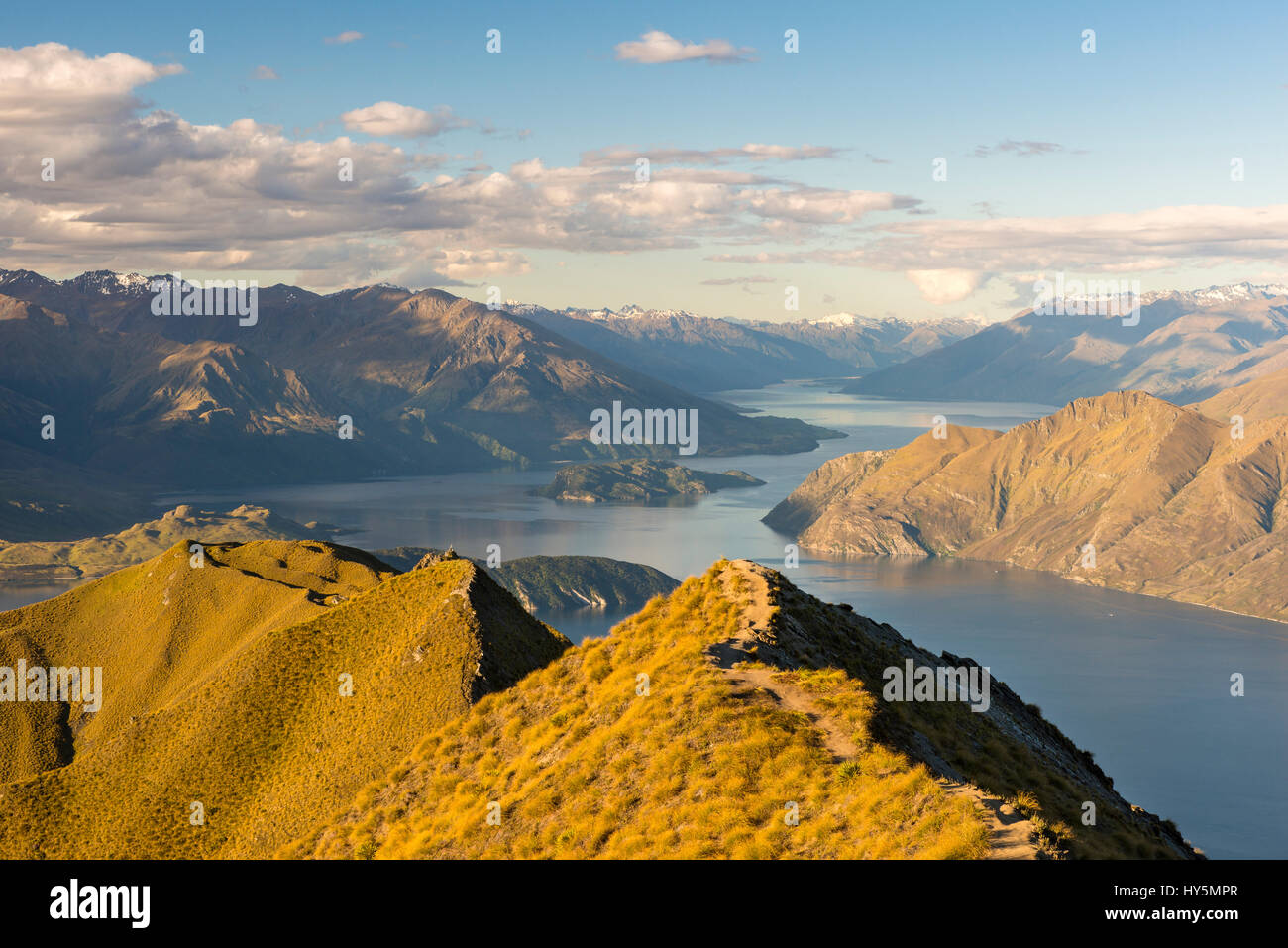 View from Roys Peak, and Mount Roy on Lake Wanaka and mountains, Otago, Southland, New Zealand Stock Photo