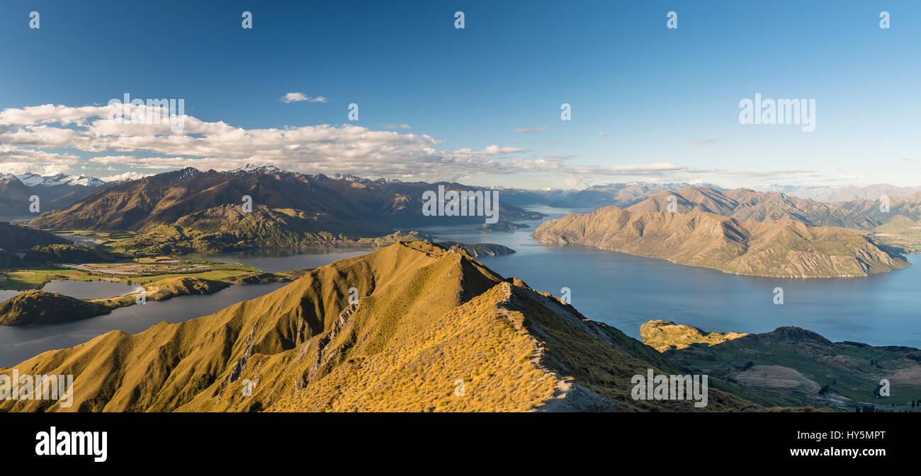 View from Roys Peak, and Mount Roy on Lake Wanaka and mountains, Otago, Southland, New Zealand Stock Photo