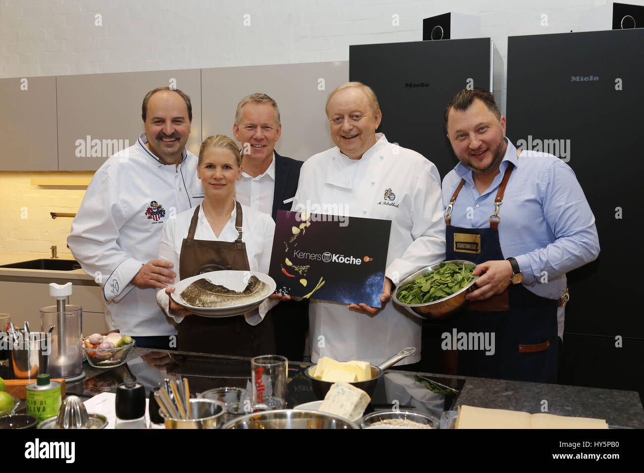 Johannes B. Kerner presents his four Cooks for his new ZDF - TV-Show 'Kerners  Koeche' at Kochstudio Featuring: Johann Lafer, Cornelia Poletto, Johannes  B. Kerner, Alfons Schuhbeck, Sebastian Lege Where: Hamburg, Germany