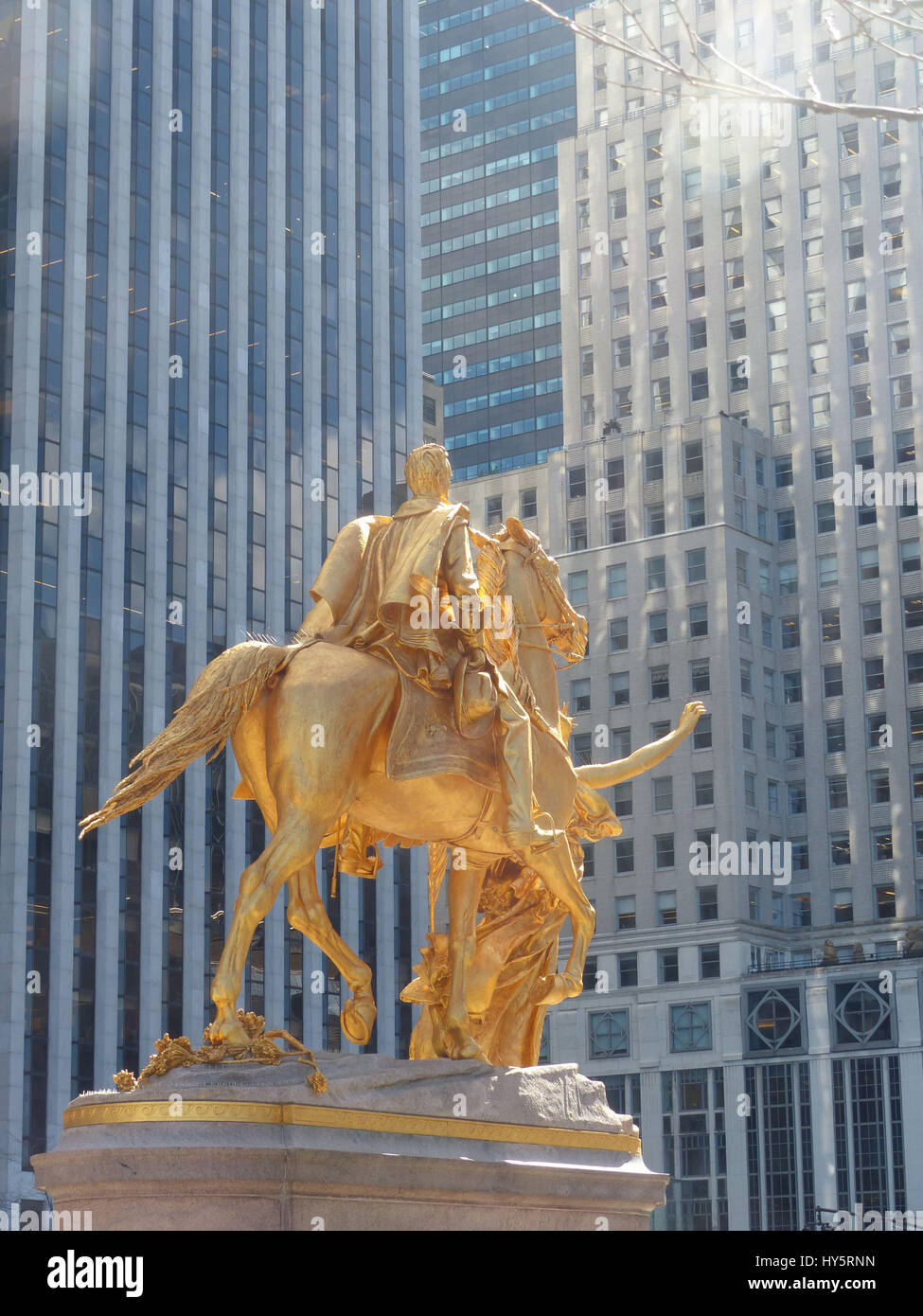 equestrian statue,Fifth Avenue,General Motors Building,General Tecumseh Sherman,GM Building,gold leaf,Manhattan,Midtown Manhattan,New York City,NY,office tower,Pierre Hotel,prime location,skyscrapers,USA,golden Stock Photo