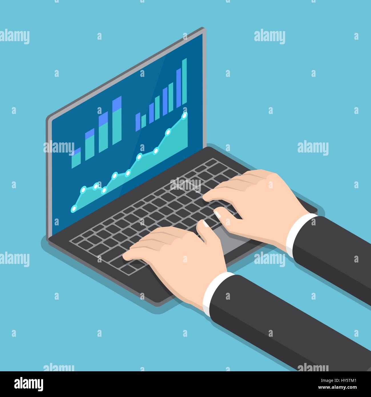 Flat 3d isometric businessman hands using laptop with financial report ...