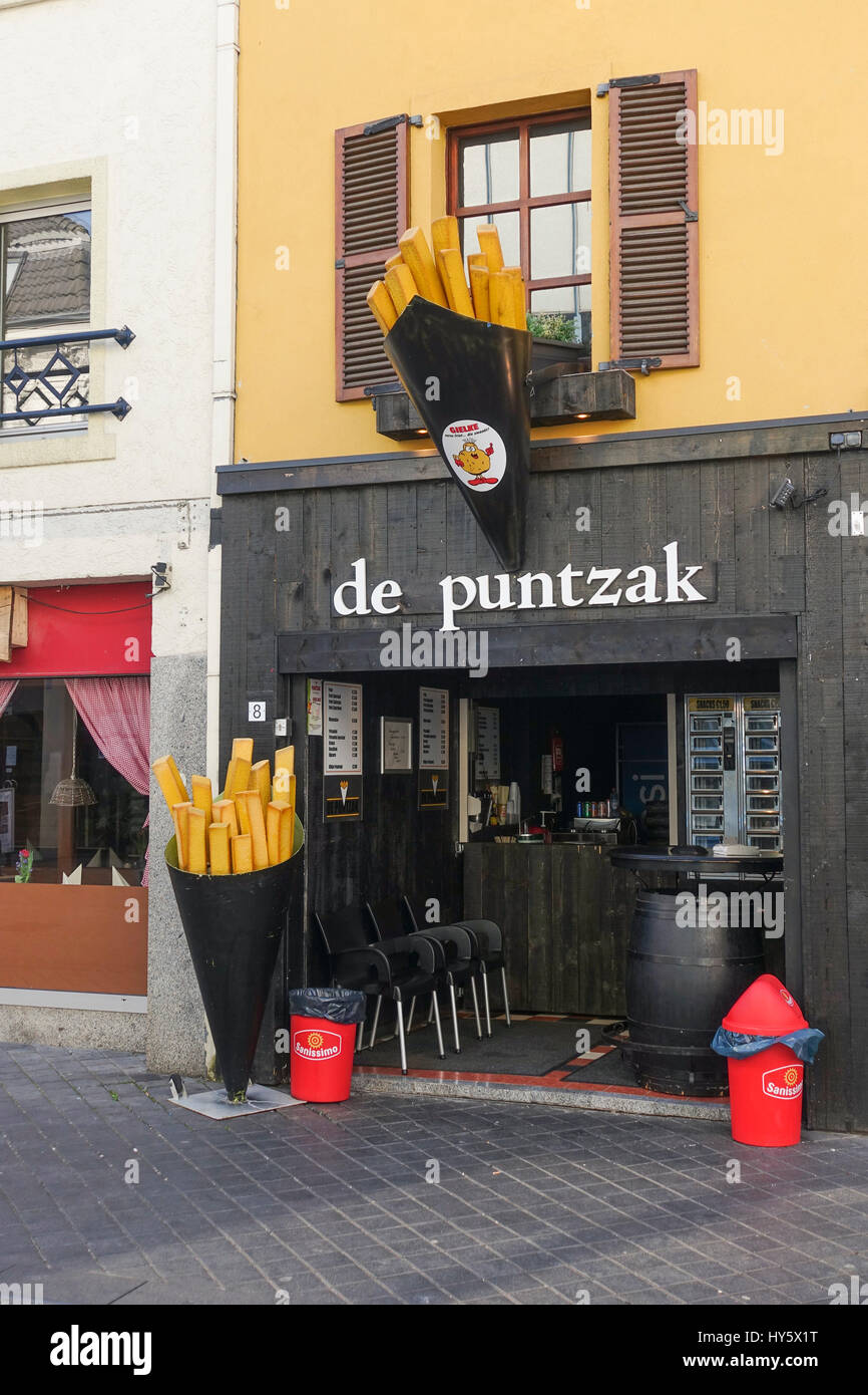 Typical Dutch fries fast food shop chips, french fries, snack bar in