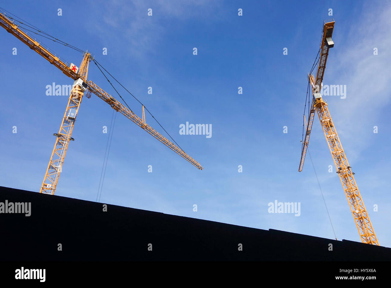 Cranes, crane at building site at Heerlen, remodelling of new train station, Limburg, Netherlands, Holland. Stock Photo