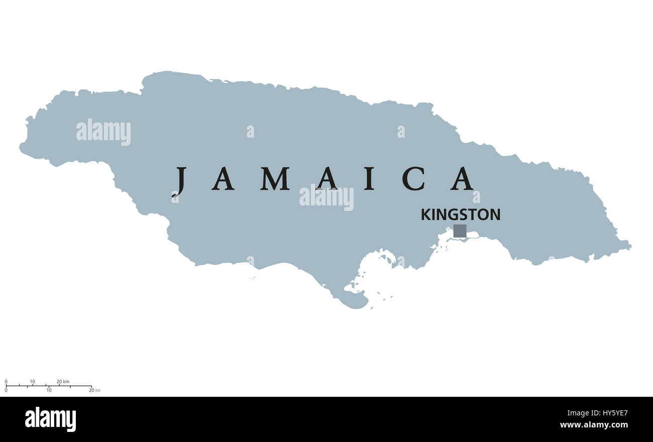 Jamaica political map with capital Kingston. Country in the Caribbean Sea and third-largest island of the Greater Antilles. Gray illustration. Stock Photo