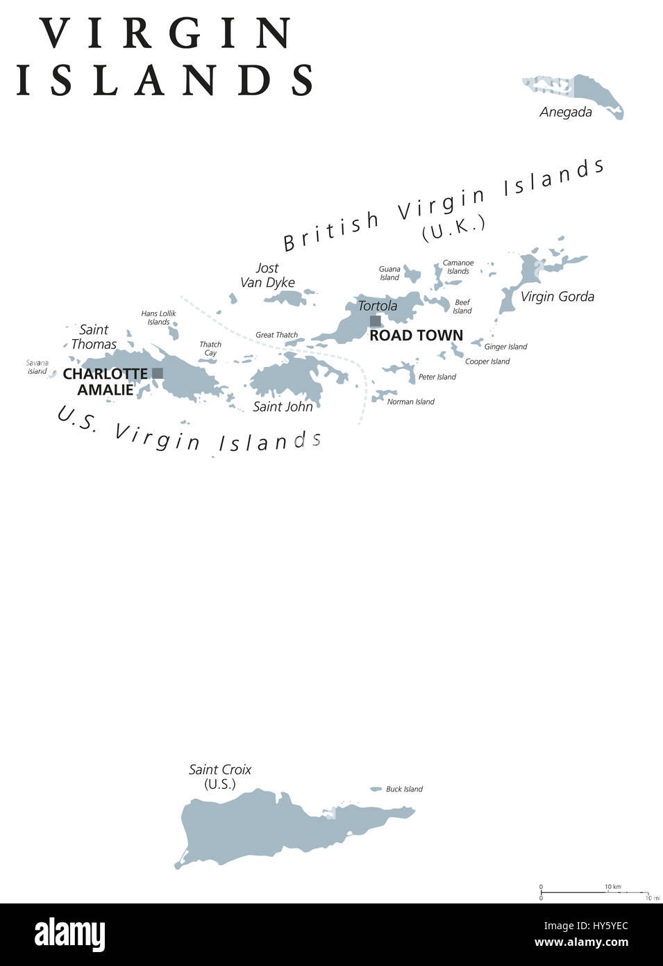 Virgin Islands political map. Island group between Caribbean Sea and Atlantic Ocean. Part of Lesser Antilles and Leeward Islands. Gray illustration. Stock Photo