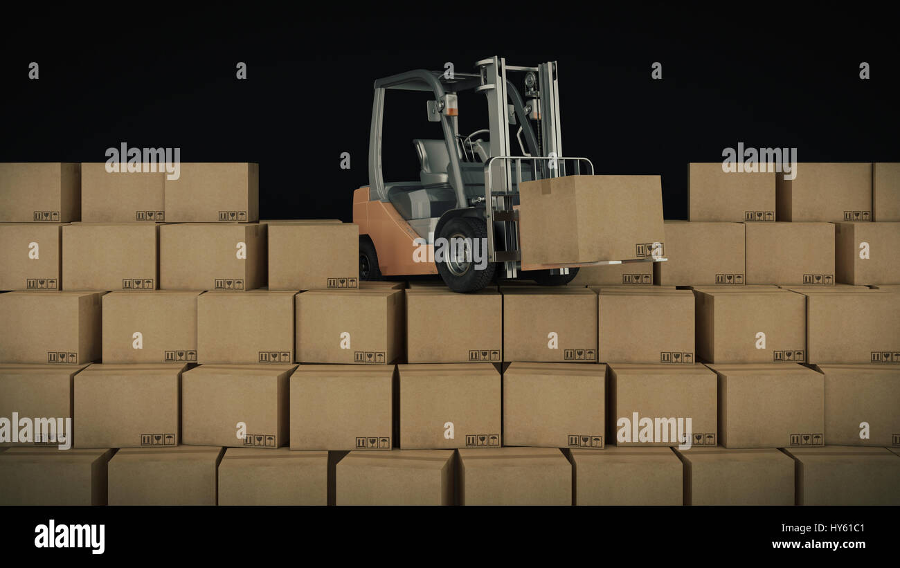 Forklift truck in warehouse or storage loading cardboard boxes. 3d ...
