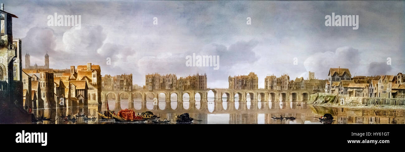 Old London Bridge by Claude de Jongh, 1630. London Bridge as it appeared in the early 17th century, before the Great Fire of 1666. Stock Photo