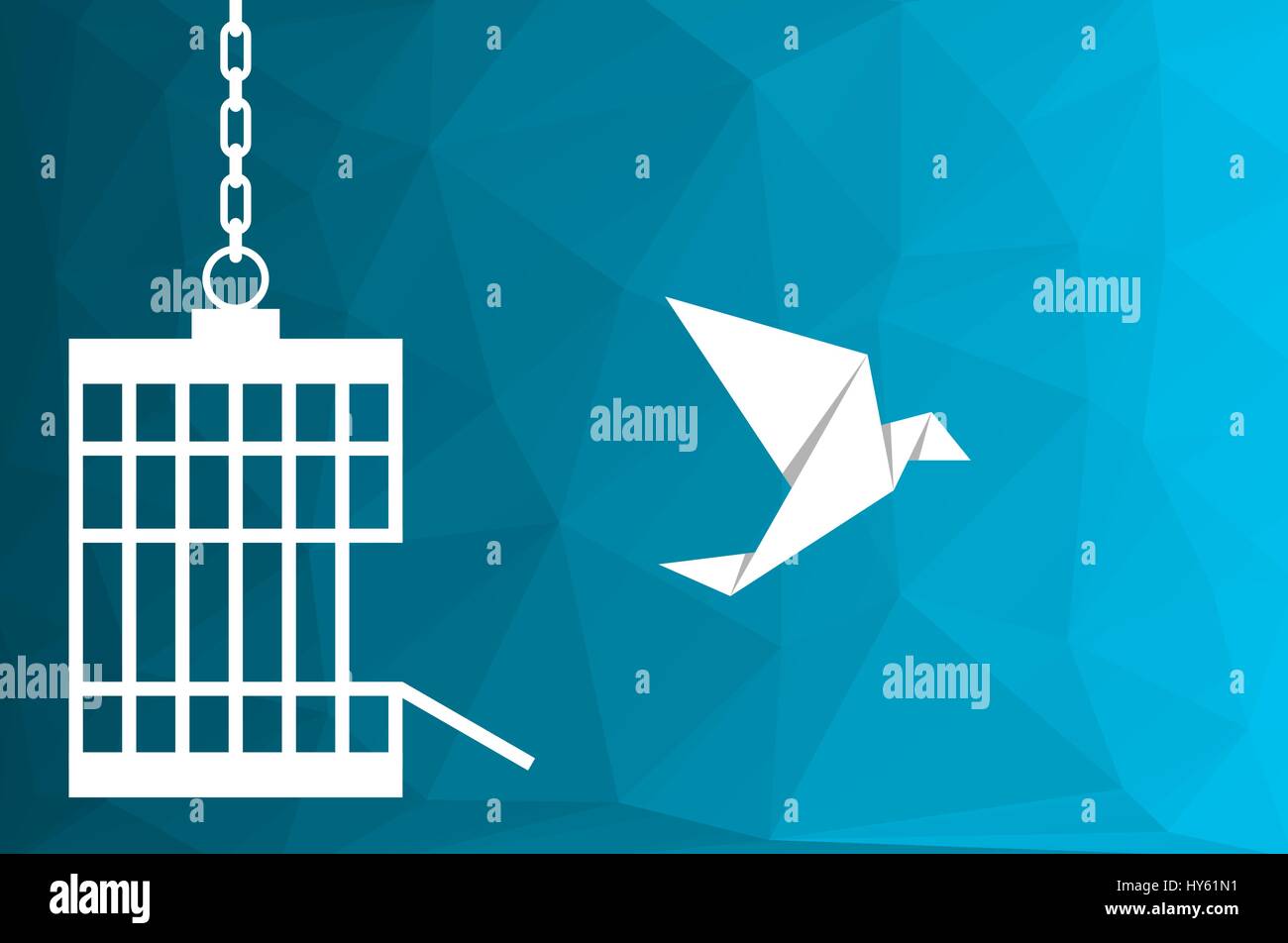 White origami bird is escaping the cage on the blue low poly background. Escape, freedom, independence, liberation, spread wings, concept. Vector Stock Vector