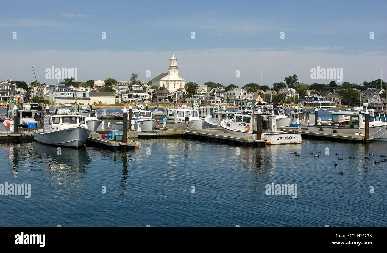 Boats docked along the Provicetown waterfront on Macmillan Pier, Provincetown, Massachusetts on Cape Cod Stock Photo