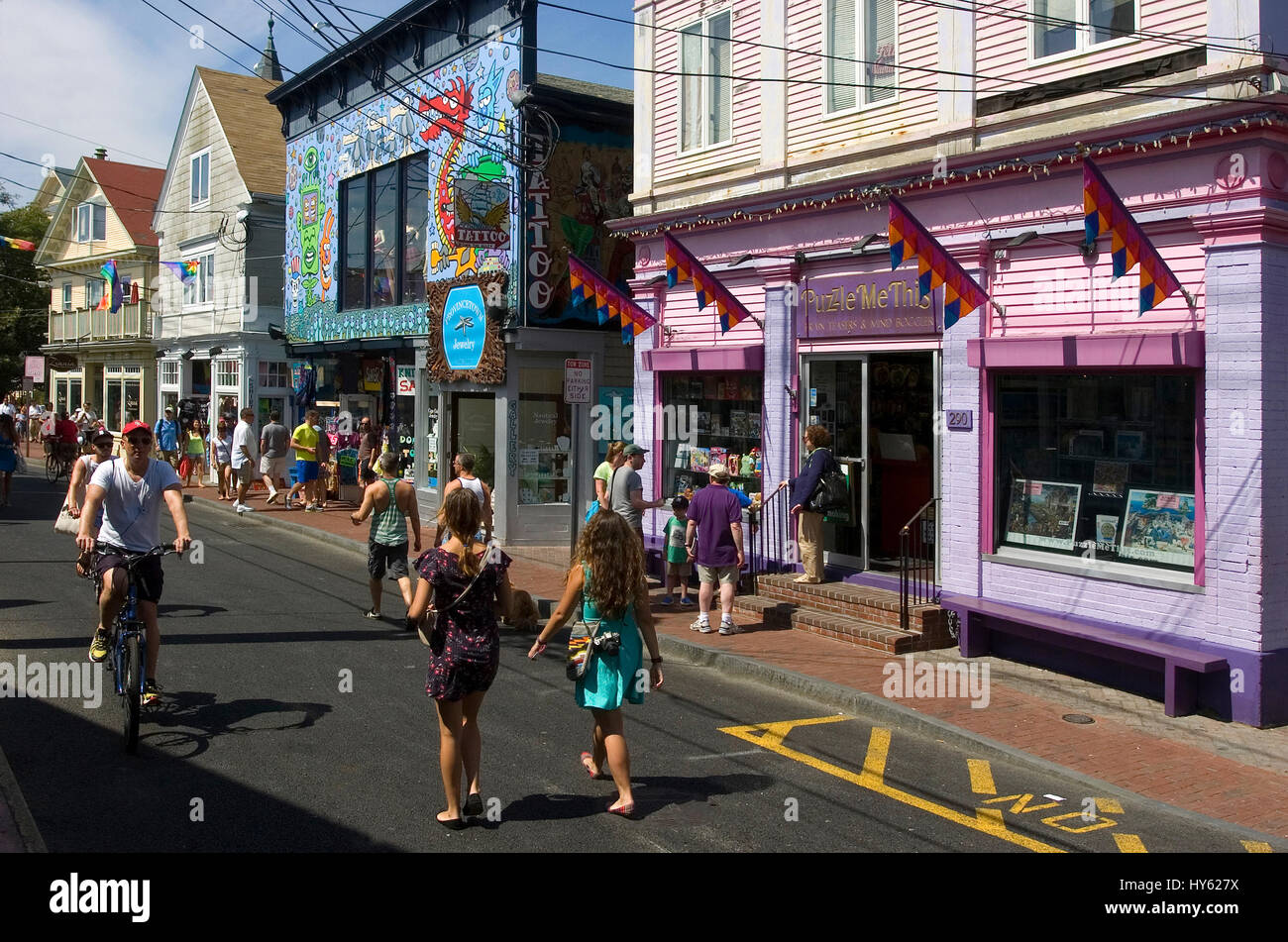 Shops and shoppers along Commercial Street in Provincetown, Massachusetts Stock Photo