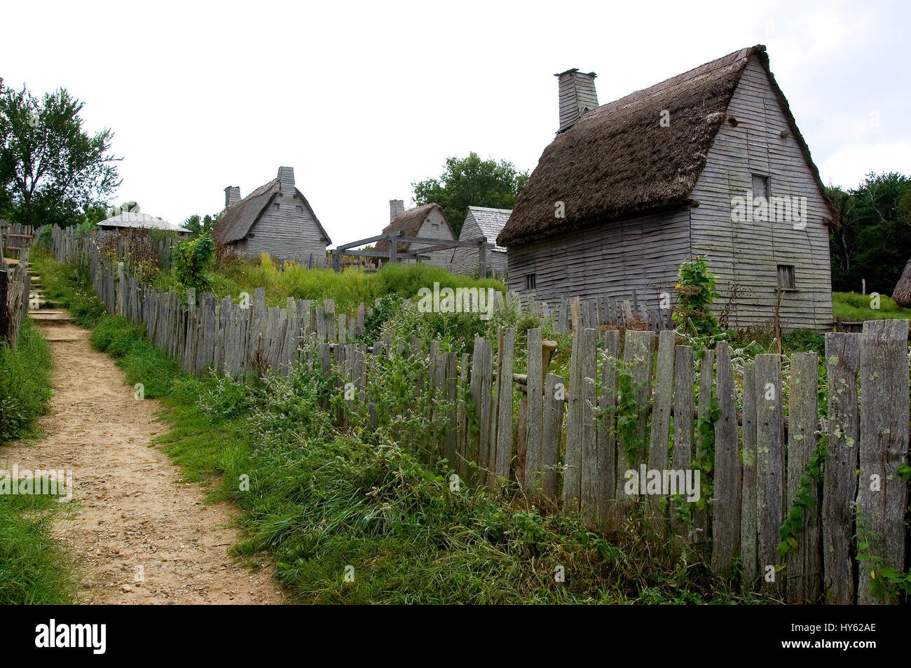 A general scene at Plimoth Plantation, Plymouth, Massachusetts.  A replica of the Pilgrim village in 1621, Now known as Plimoth Pataxet Stock Photo