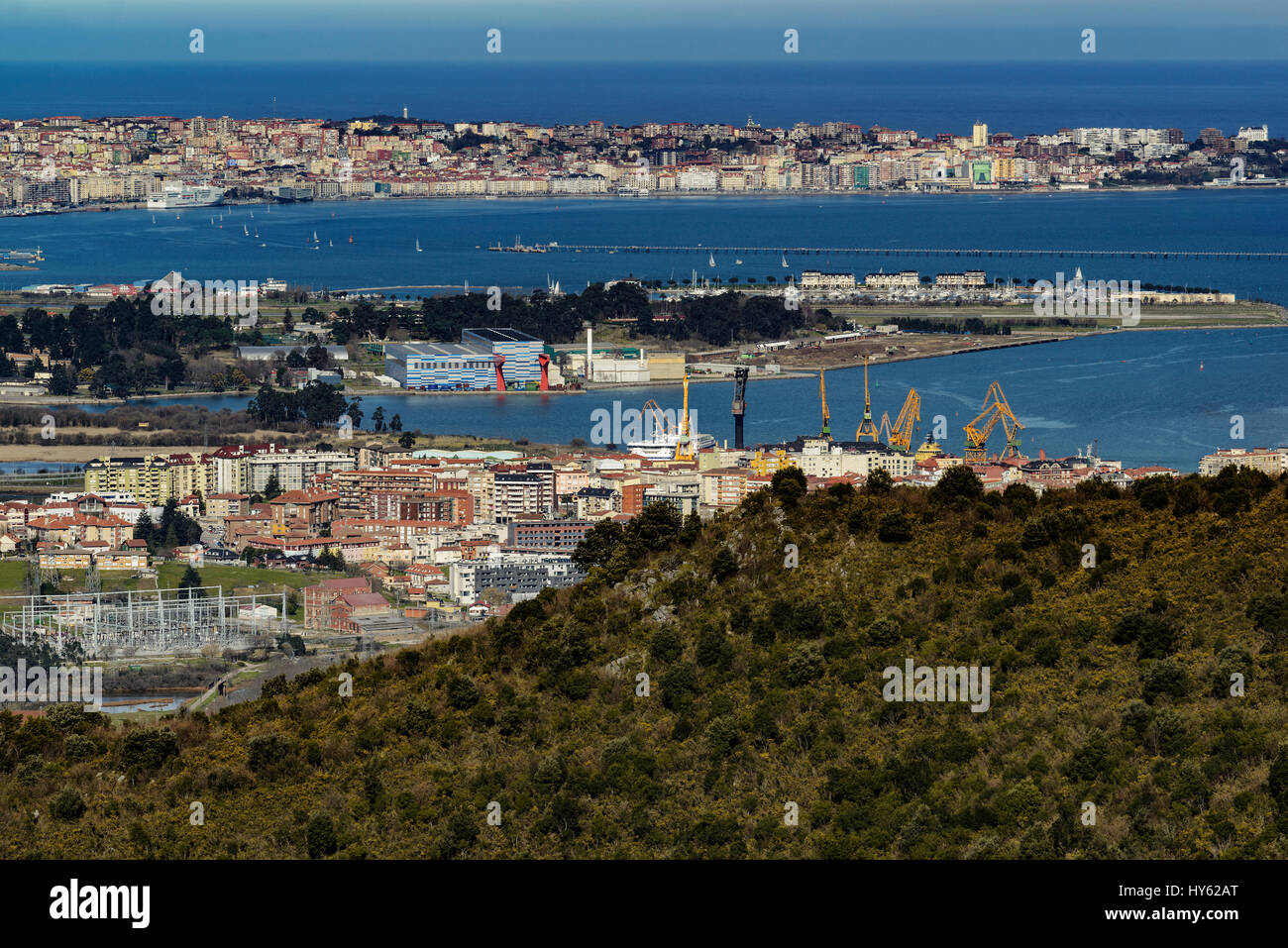 Festival Palace of Santander, Seve Ballesteros Airport and Shipyard from the Nature Park of Cabarceno, Cantabria Spain Stock Photo