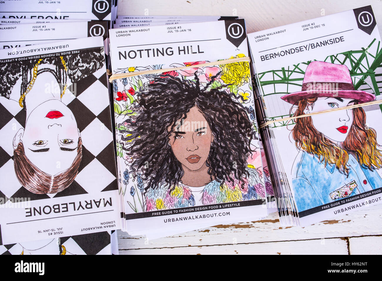 London, UK - 13 March 2016: Free paper guides of Notting hill, Bermonsdey and Marleybone showcasing London fashion, design food and lifestyle with por Stock Photo