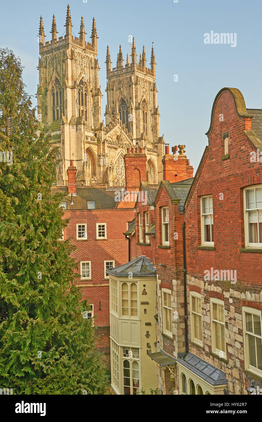 York, and the historic York Minster towers over the buildings in the city centre. Stock Photo