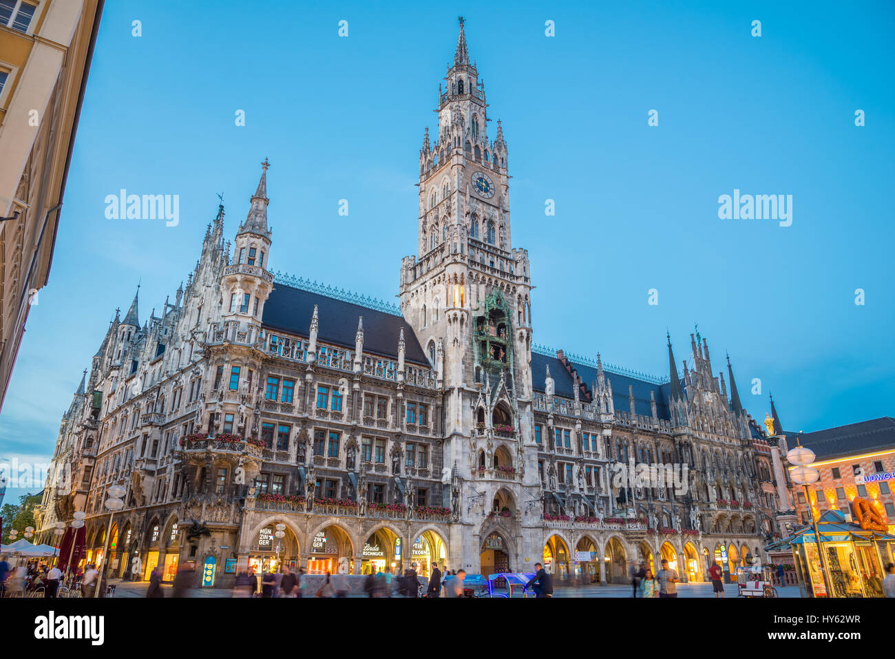 Munich, Germany - June 6, 2016: Munich Town Hall - Neue Rathaus on Marienplatz at night Stock Photo
