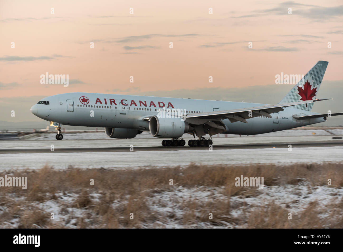 Air Canada Boeing 777-233(LR) landing at YVR, Vancouver International Airport. Stock Photo