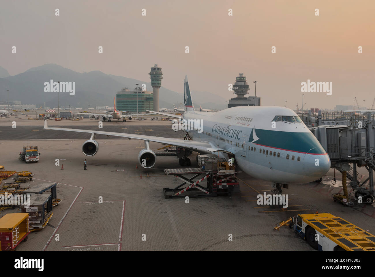 Cathay Pacific Wide Body Boeing 747, at Hong Kong airport terminal. China. Stock Photo
