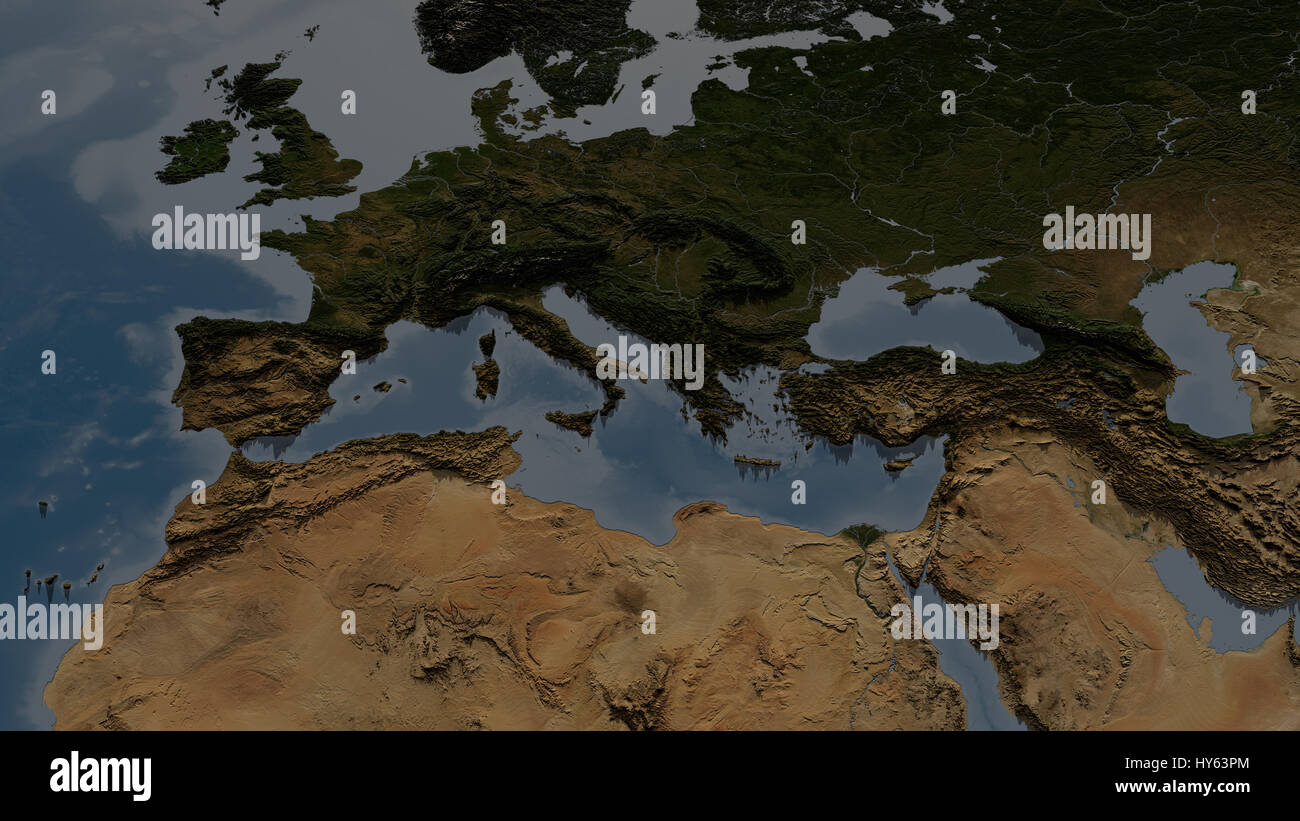 Europe and North-Africa. Map with highly detailed 3D terrain and shadows. Elements of this image furnished by NASA. Stock Photo