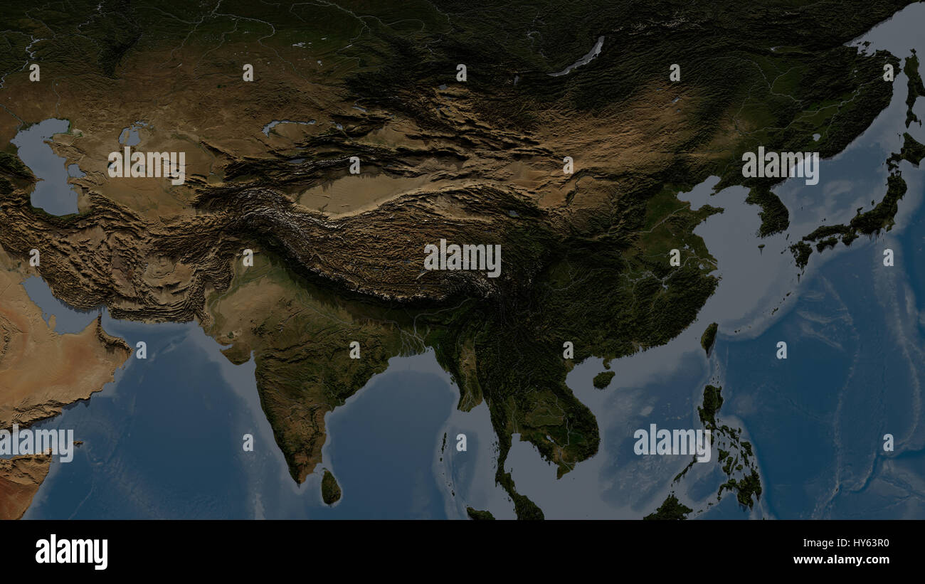 Asian part of the world. Map with highly detailed 3D terrain and shadows. Elements of this image furnished by NASA. Stock Photo