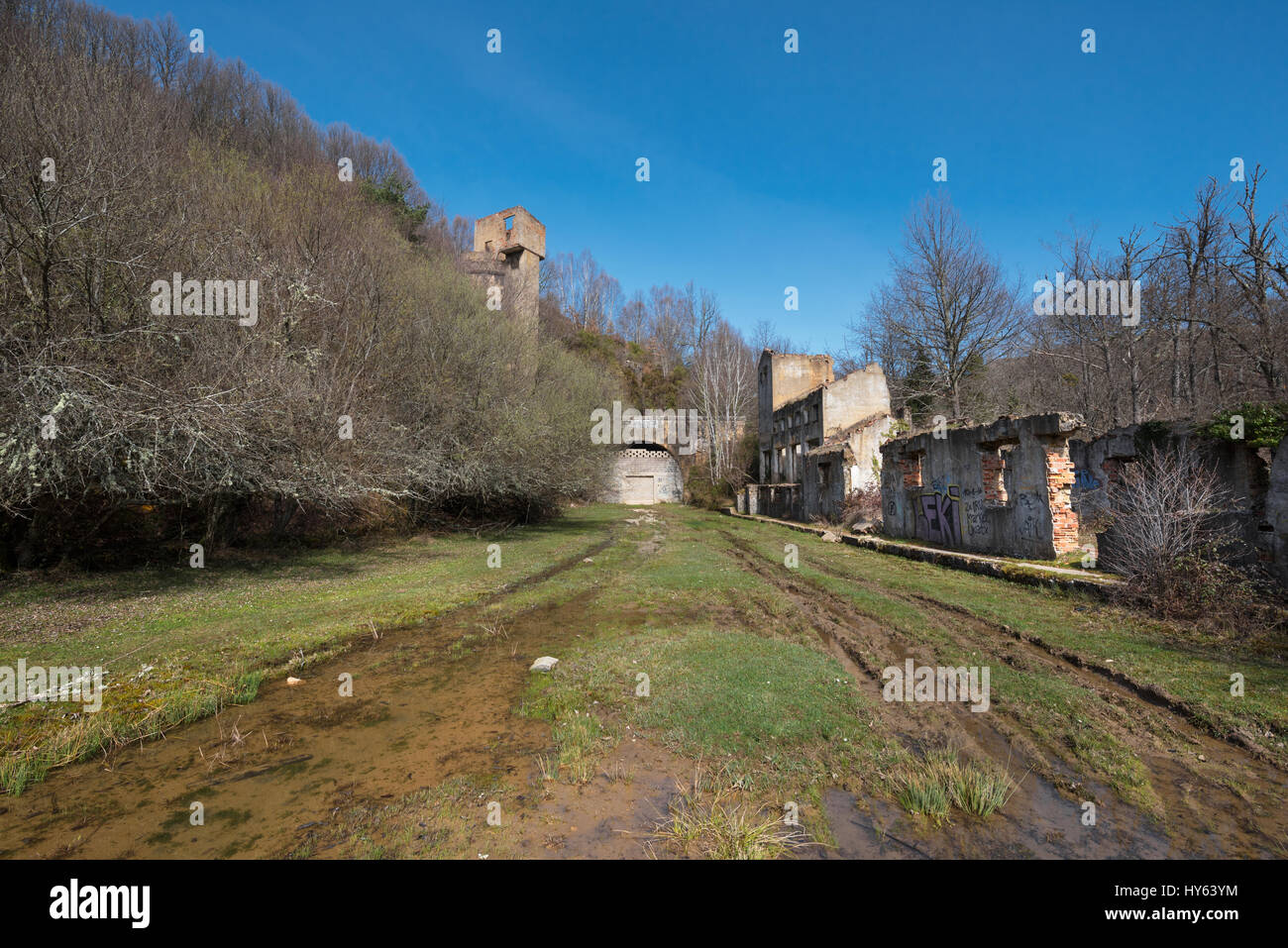 Facade of the old abandoned railway Tunnel La Engana, between Burgos province and Cantabria, Spain. Stock Photo