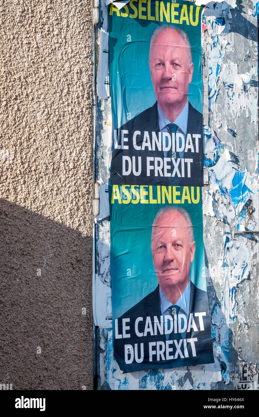 Posters of Francois Asselineau , one of the eleven french presidential candidates for this year's elections. 2017 french elections Stock Photo