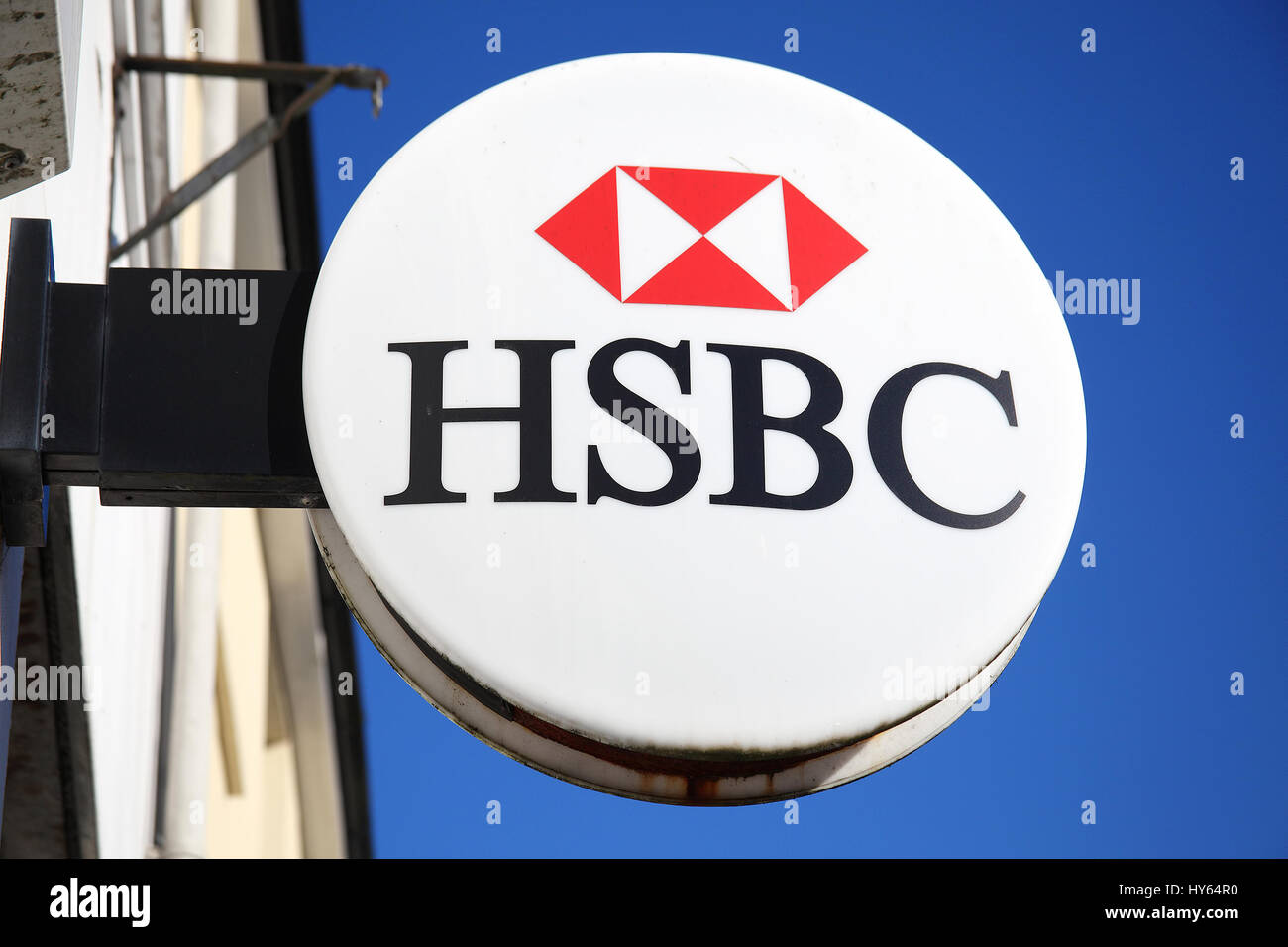 Carmarthen, Wales, UK, October 22, 2016 :  HSBC bank advertising sign outside their retail branch in Lammas Street Stock Photo