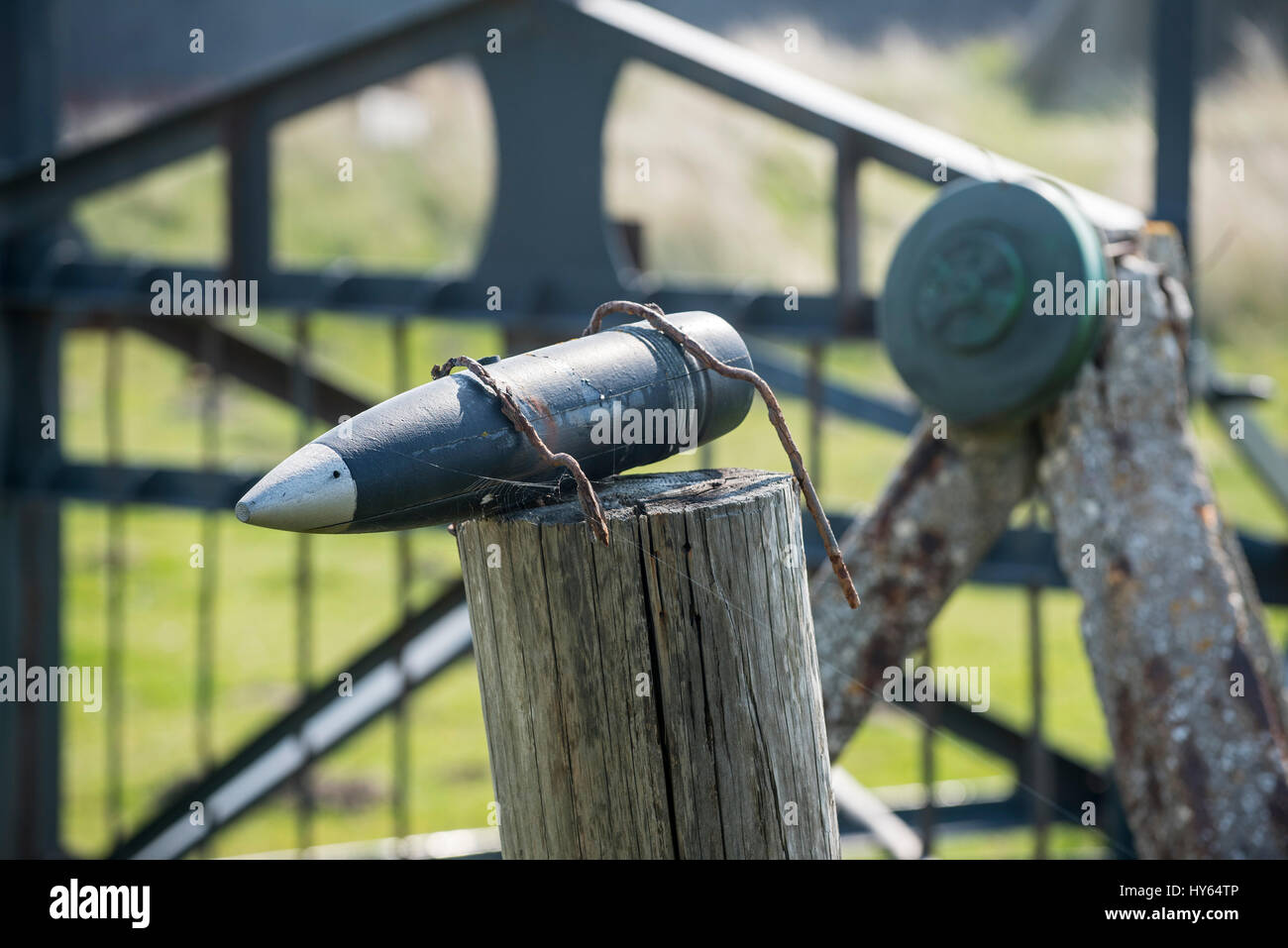 Bomb on wooden stake, Teller mine and Belgian Gate as German anti-landing craft defenses, Raversyde Atlantikwall / Atlantic Wall, Raversijde, Belgium Stock Photo