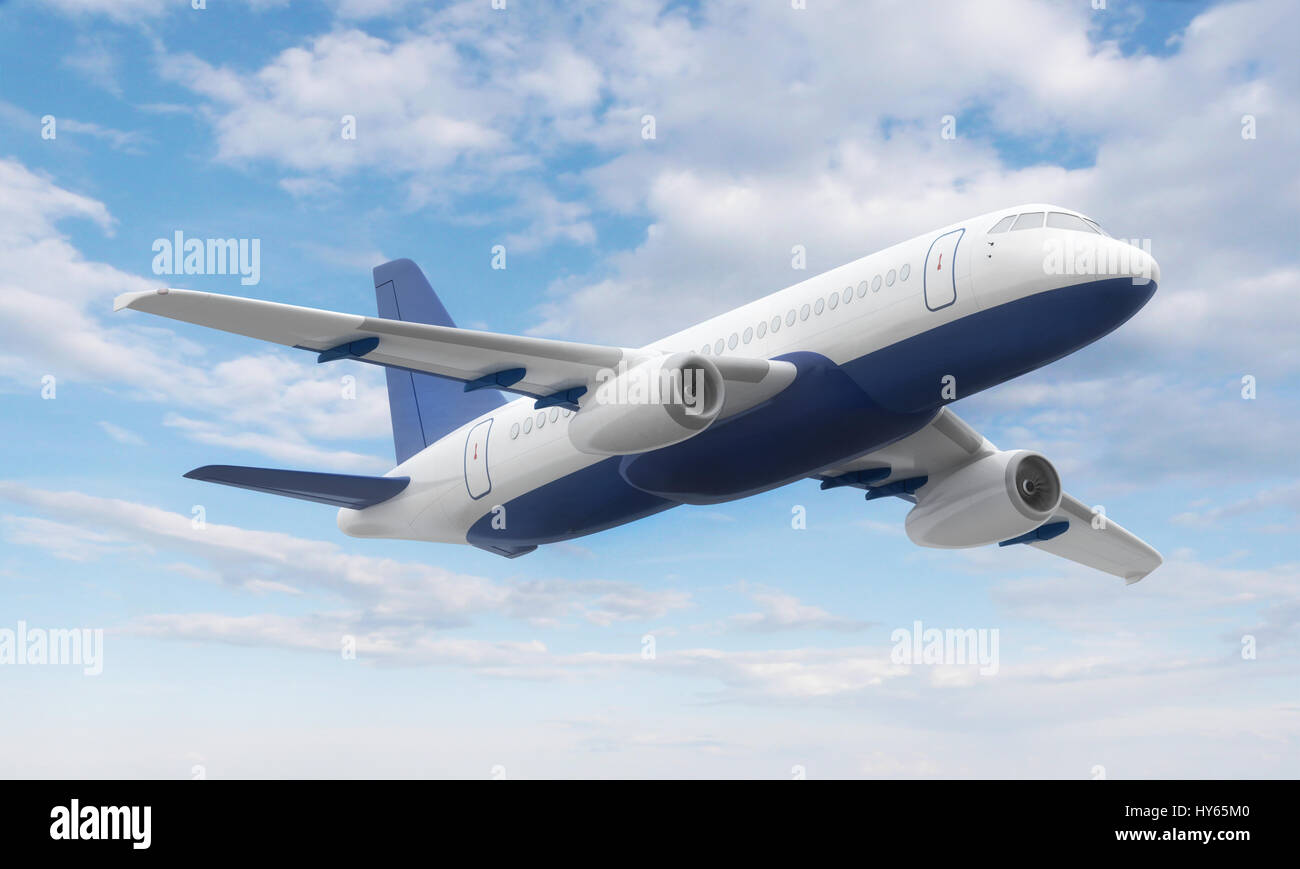 Flying airplane in the sky. 3d illustration Stock Photo - Alamy