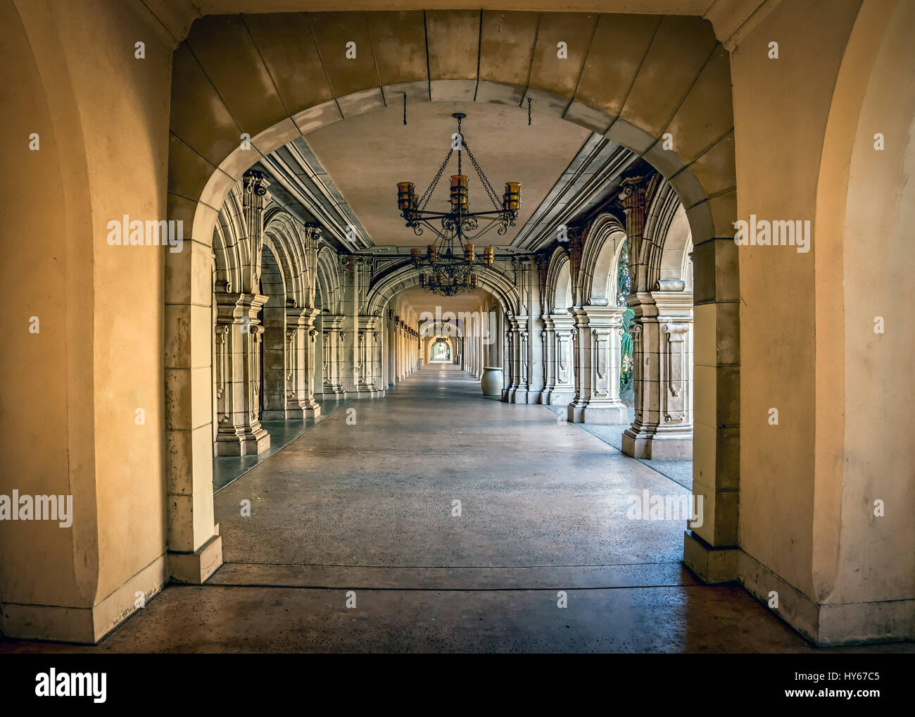 The Spanish architecture of a corridor at Balboa Park in San Diego, CA Stock Photo