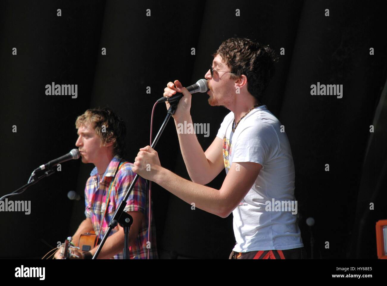 Calum Howard Almond (left) and Jacob Howard Almond of British rock band D-Finitive perform at the Tentertainment music  festival at Tenterden, England Stock Photo