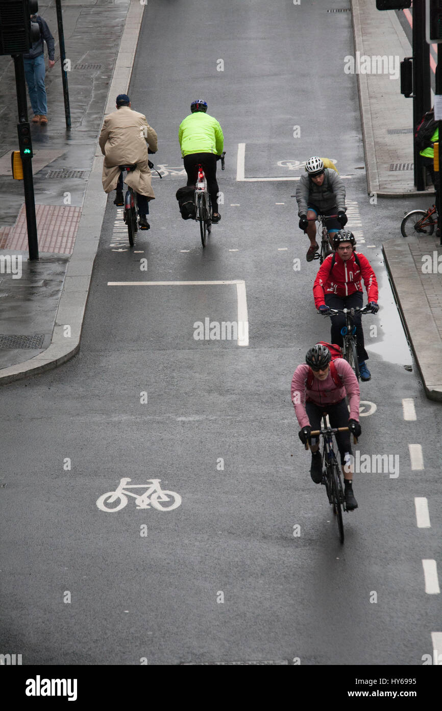London Cyclists on cycle route, london cycle superhighway Stock Photo