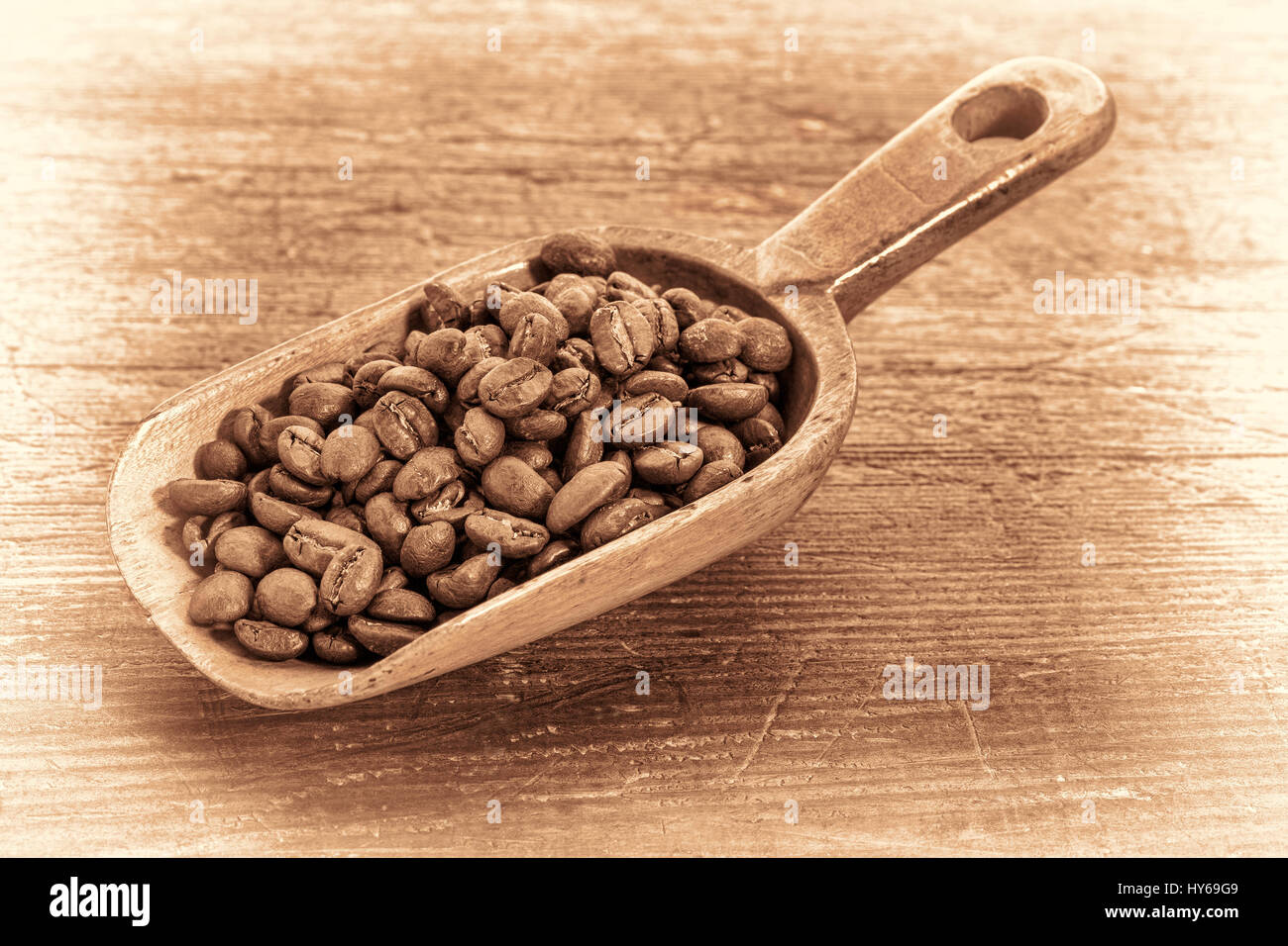 rustic scoop of roasted coffee beans against a grunge painted wood background, retro sepia toning Stock Photo