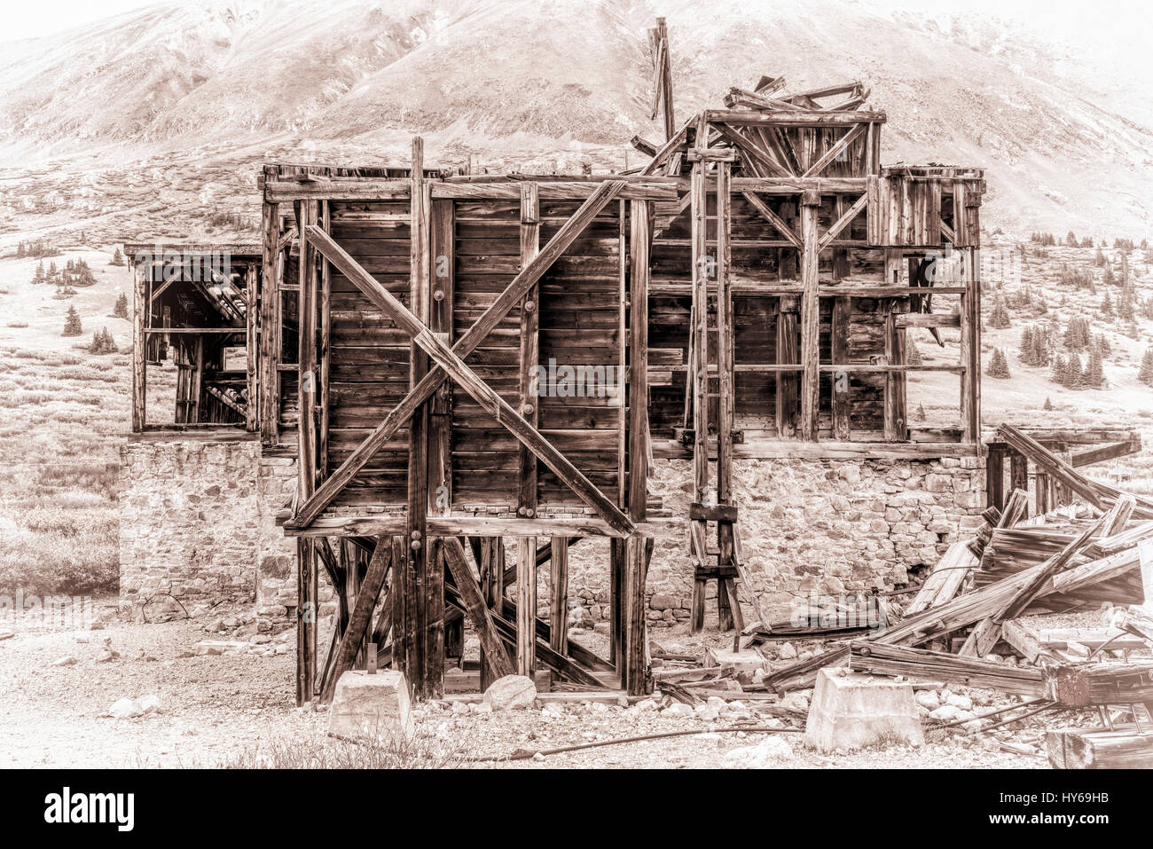 ruins of gold mine  (processing mill) near Mosquito Pass in Rocky Mountains, Colorado, retro opalotype processing Stock Photo