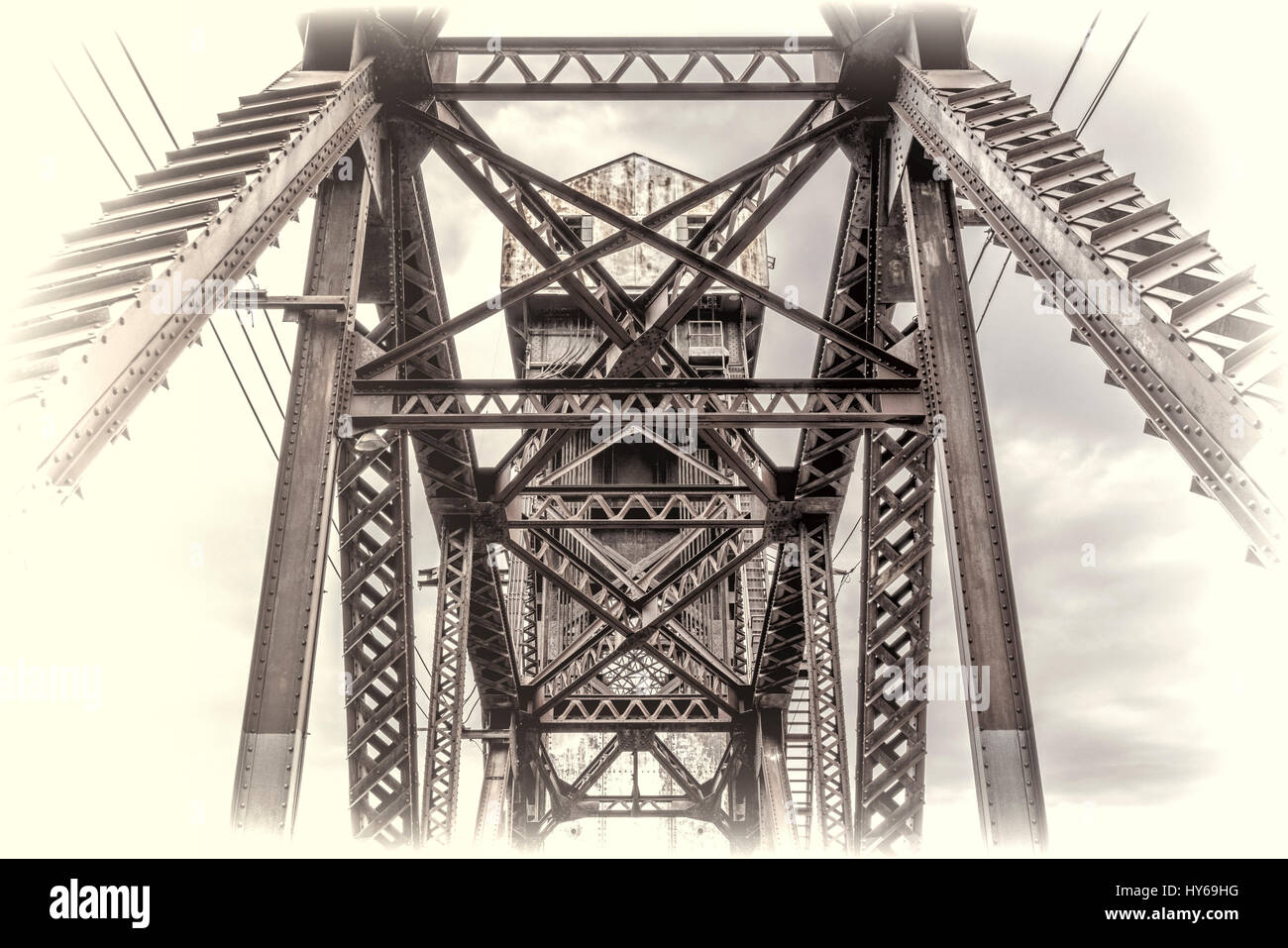 A detail of historic railroad Katy Bridge  over Missouri River at Boonville with a lifted midsection, retro opalotype processing Stock Photo