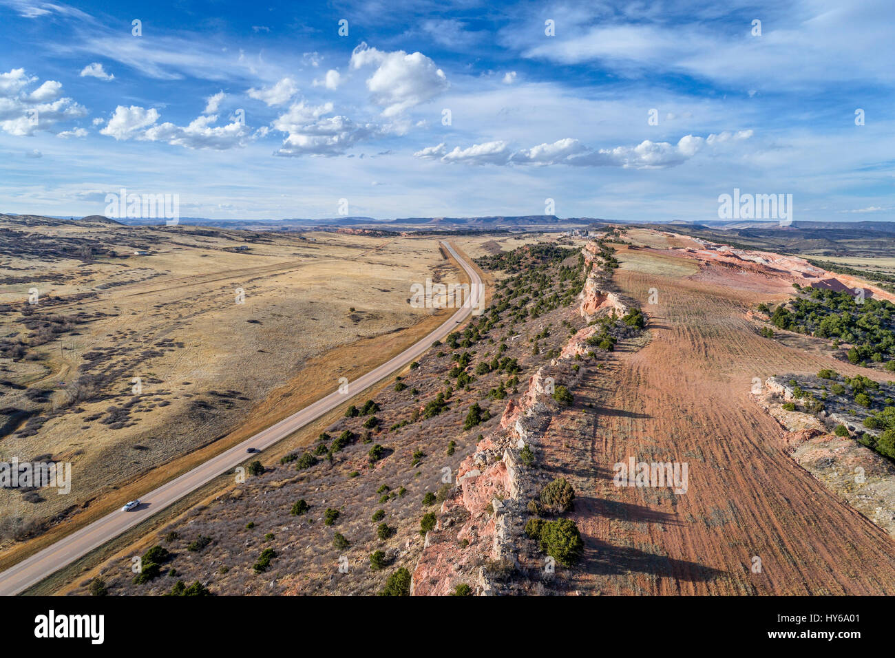 aerial landscape of northern Colorado foothills near Livermore with highway 287 and sandstone quarry Stock Photo