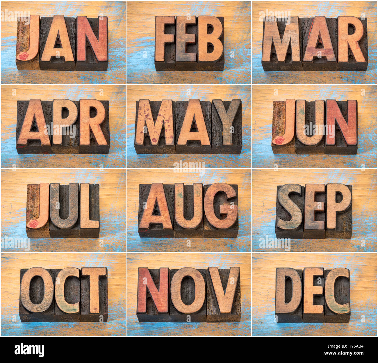 collection of 12 month abbreviations in vintage letterpress wood type printing blocks against