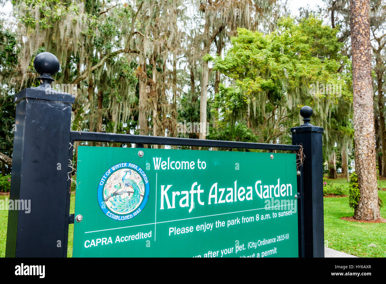 Winter Park Florida,Orlando,Kraft Azalea Garden,public park,cypress trees,moss,sign,CAPRA Accredited,FL170222090 Stock Photo
