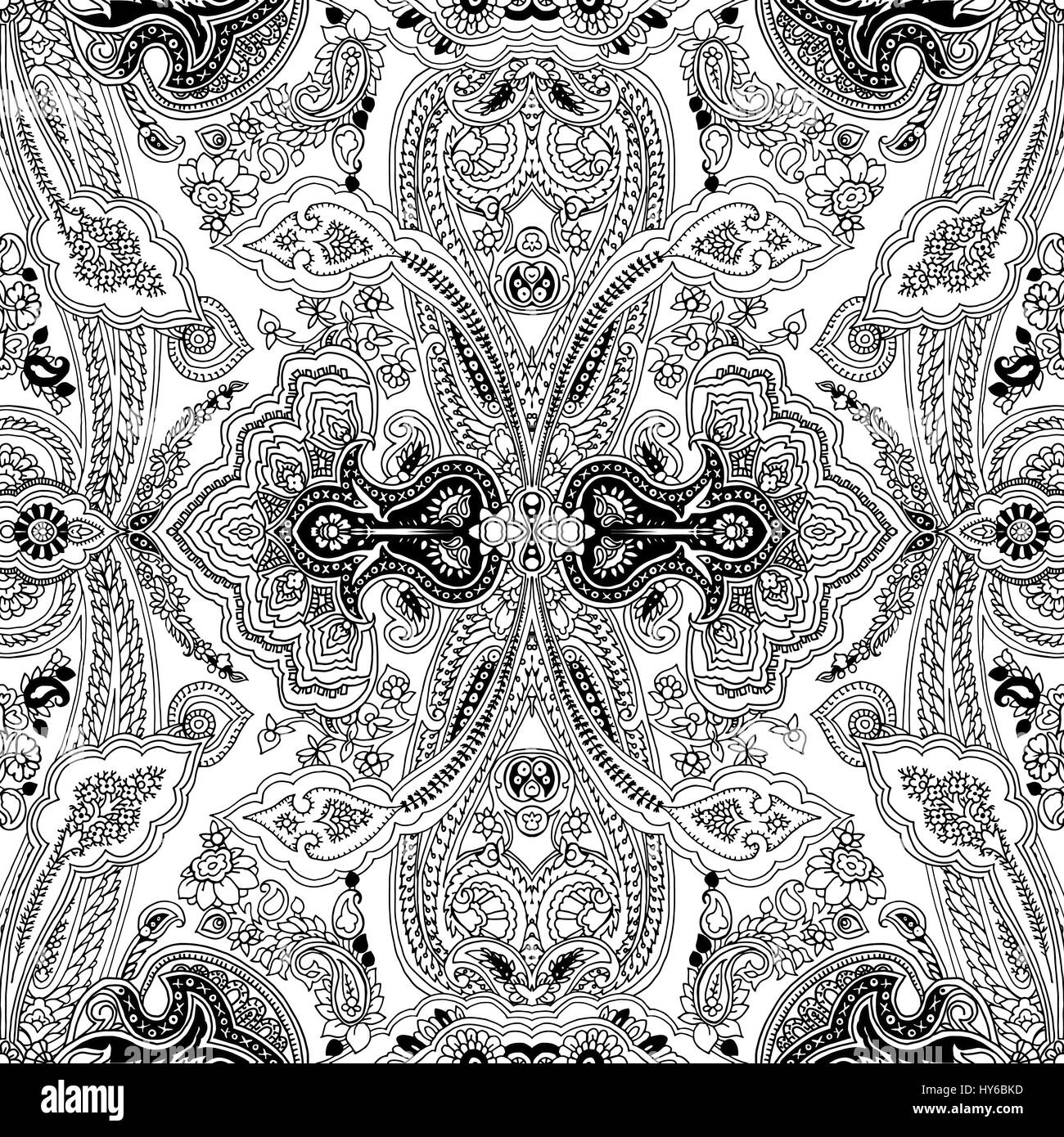 Traditional  paisley pattern. Abstract geometric oriental ornament. Black outlines on white background. Textile design. Stock Vector