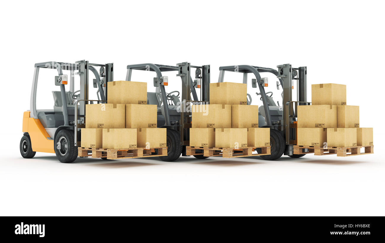 Forklift truck with cardboard boxes Stock Photo - Alamy