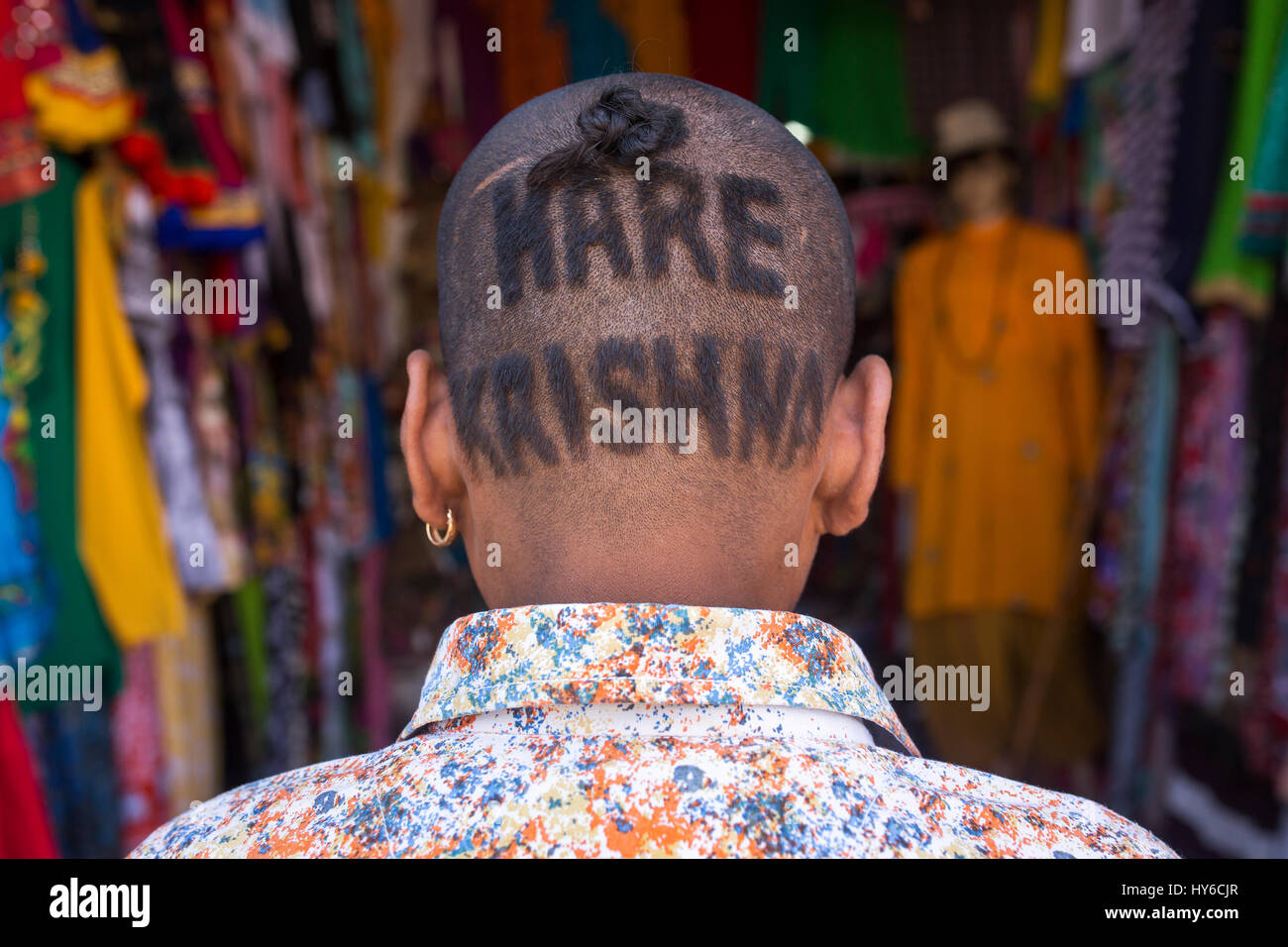 Vrindavan, India - March 22, 2016: Portrati of an unidentified indian man with a 'Hare Krishna' haircut in holy Krishna Vrindavan city, India Stock Photo