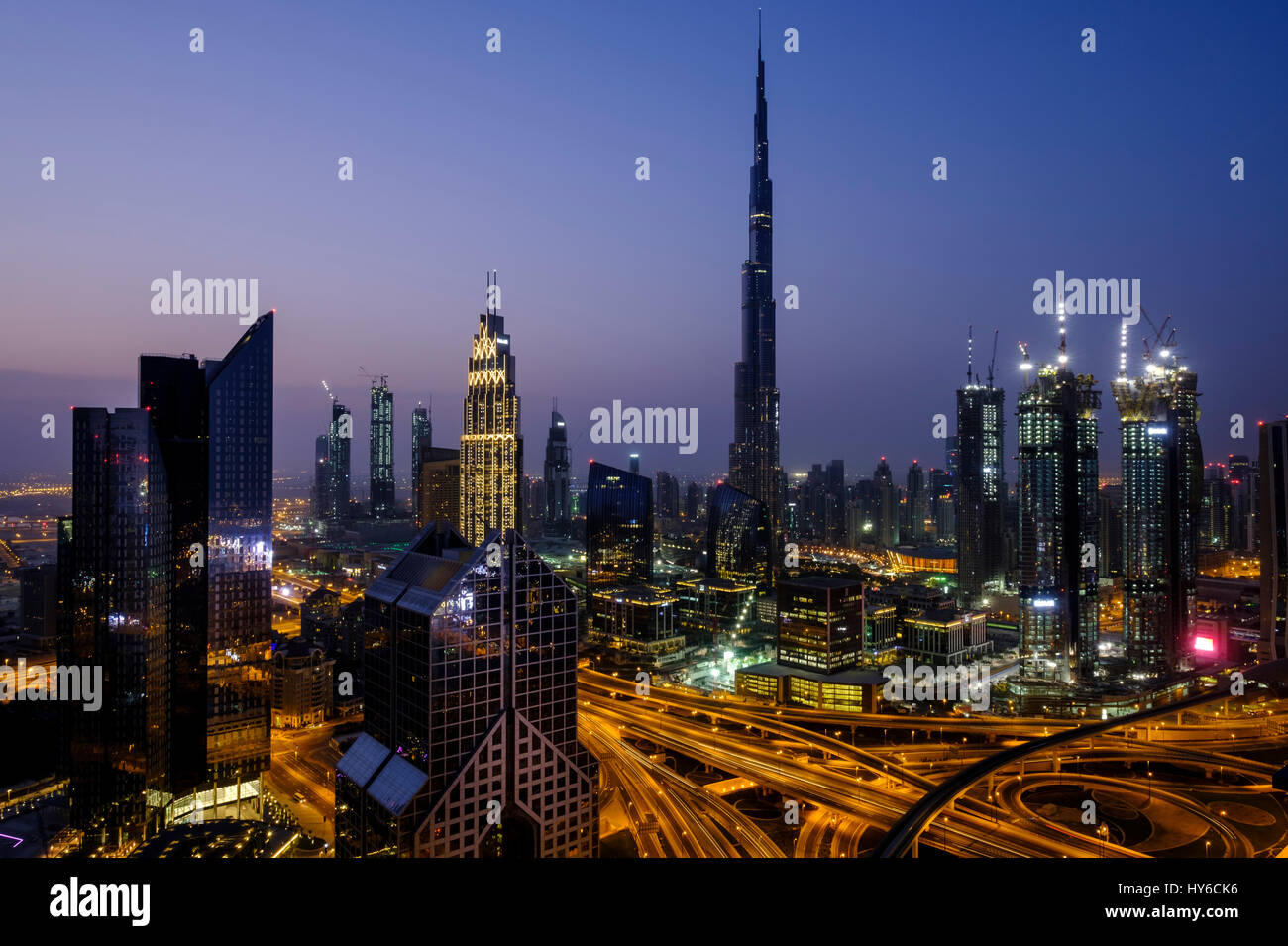 UNITED ARAB EMIRATES, DUBAI - CIRCA JANUARY 2017: Sheikh Zayed Road and Burj Khalifa at dawn in Dubai. This is the main artery of the city and is home Stock Photo