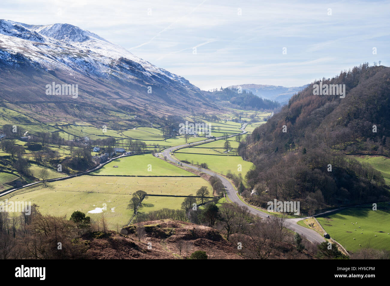 View looking south from High Rigg towards a snow capped Helvellyn, Cumbria, England, UK Stock Photo