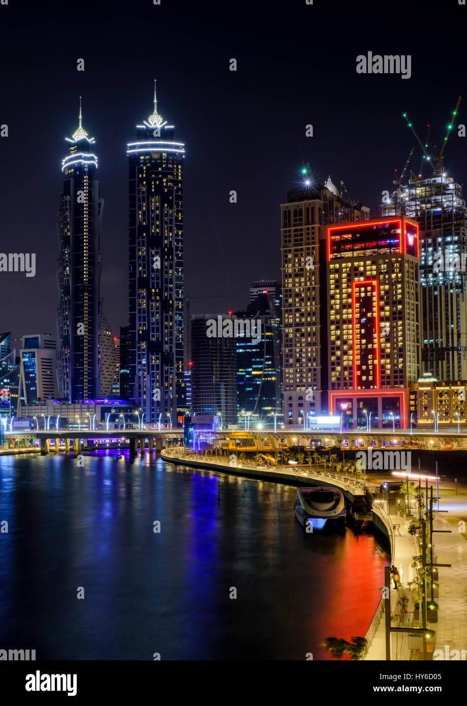 UNITED ARAB EMIRATES, DUBAI - CIRCA JANUARY 2017: The Dubai water canal at night with view of Downtown Dubai Stock Photo