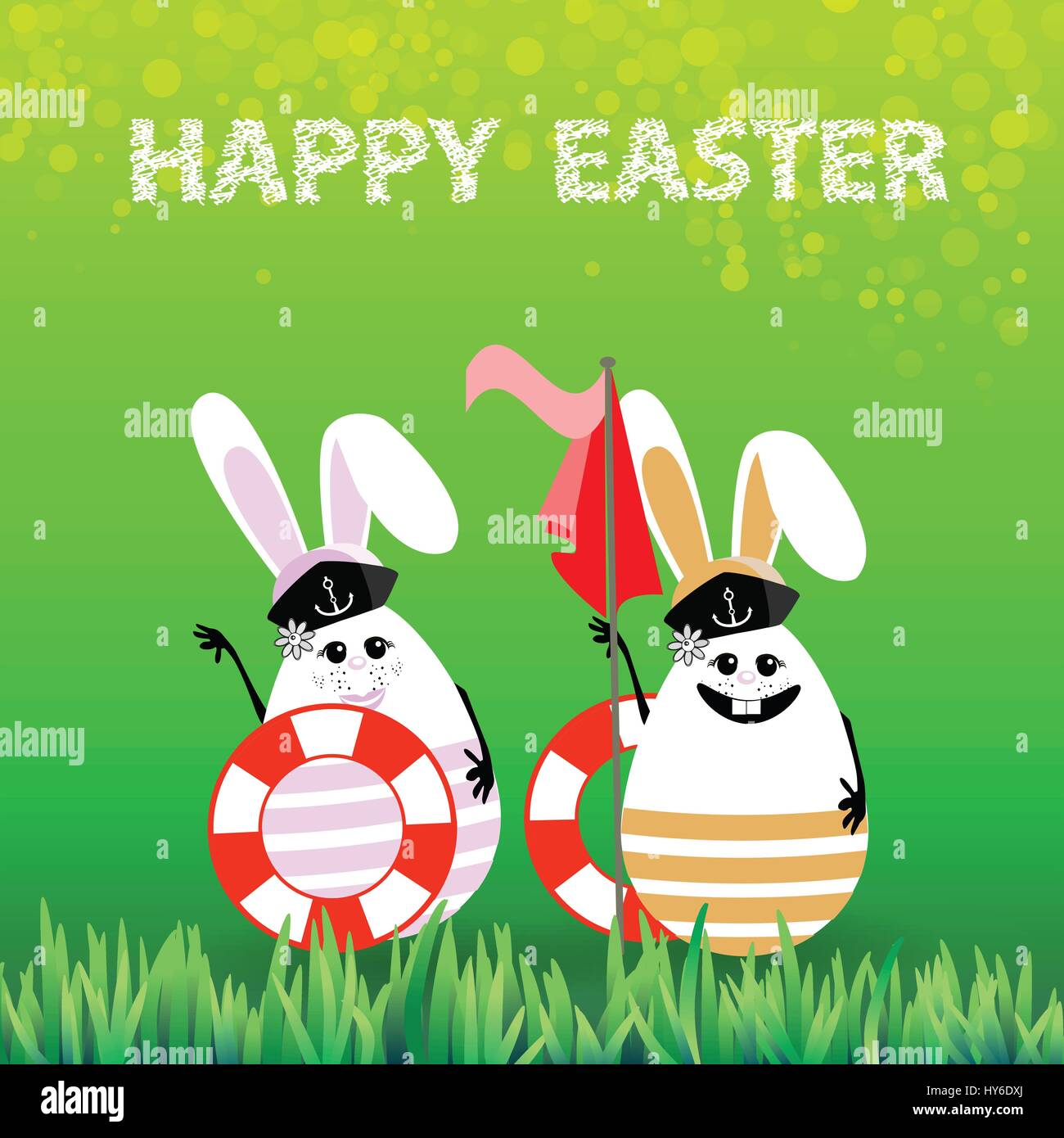 Easter. Rabbits-eggs in the grass on a background of green in the hands of the flag and lifebuoys sailors. Illustration for your design Stock Vector