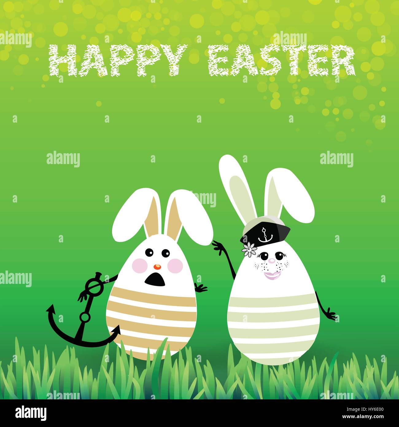Easter. Rabbits-eggs in the grass on a background of green-arm anchored sailors. Illustration for your design Stock Vector